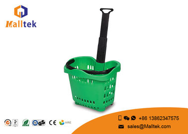 Hand 42 Liters Rolling Plastic Shopping Basket With Handles In Green Color