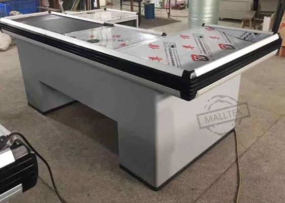 White Electric Checkout Counter Stainless Steel With Electric Conveyor Belt